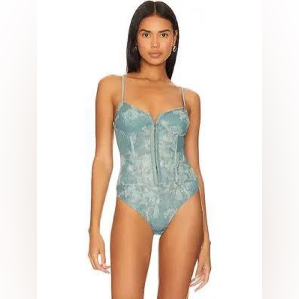 Free People Nigh Rhythm Corset Bodysuit in Sage Combo.  NWT Size L.